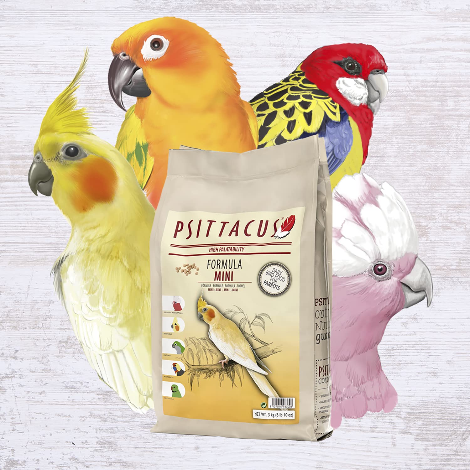 Psittacus Mini extruded pellet detail showcasing texture and palatability.