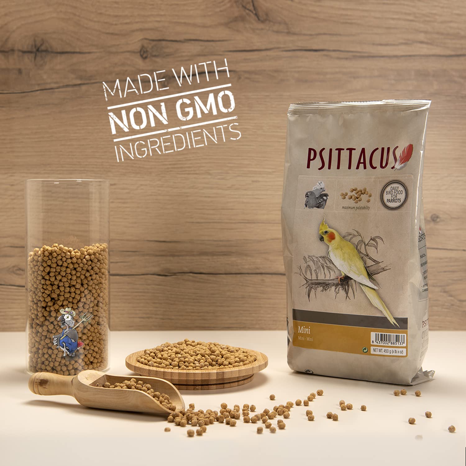 No-GMO Psittacus Mini beside clean, transparent ingredients.