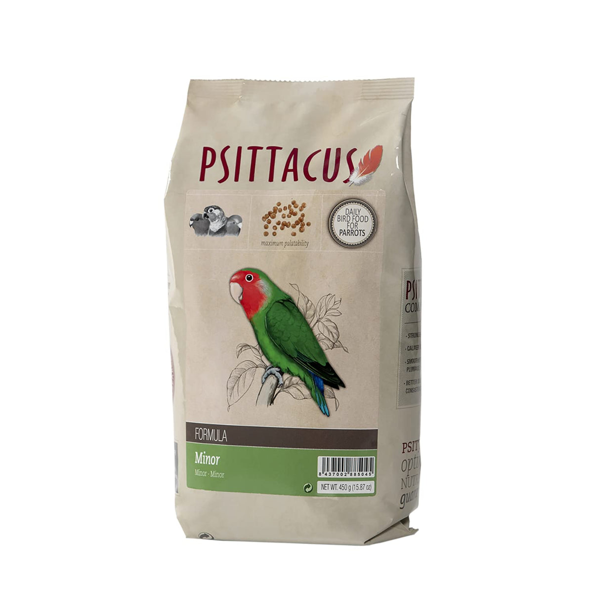 Psittacus Minor pellet pack close-up showing premium small parrot diet for balanced nutrition
