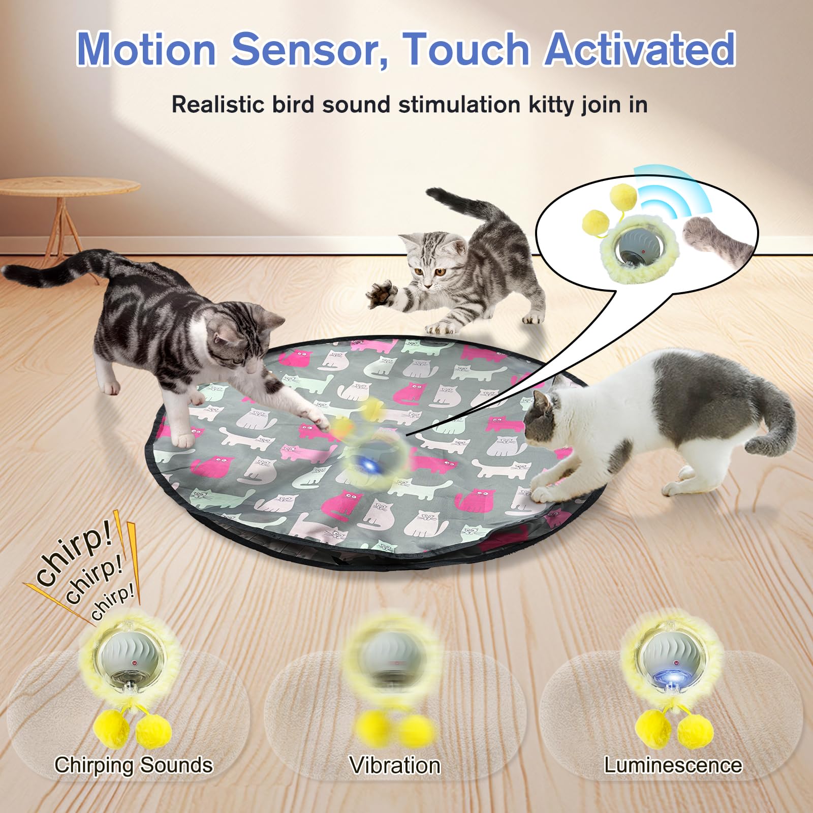Pskfvre cat toy with chirps and LEDs for engaging nighttime play.