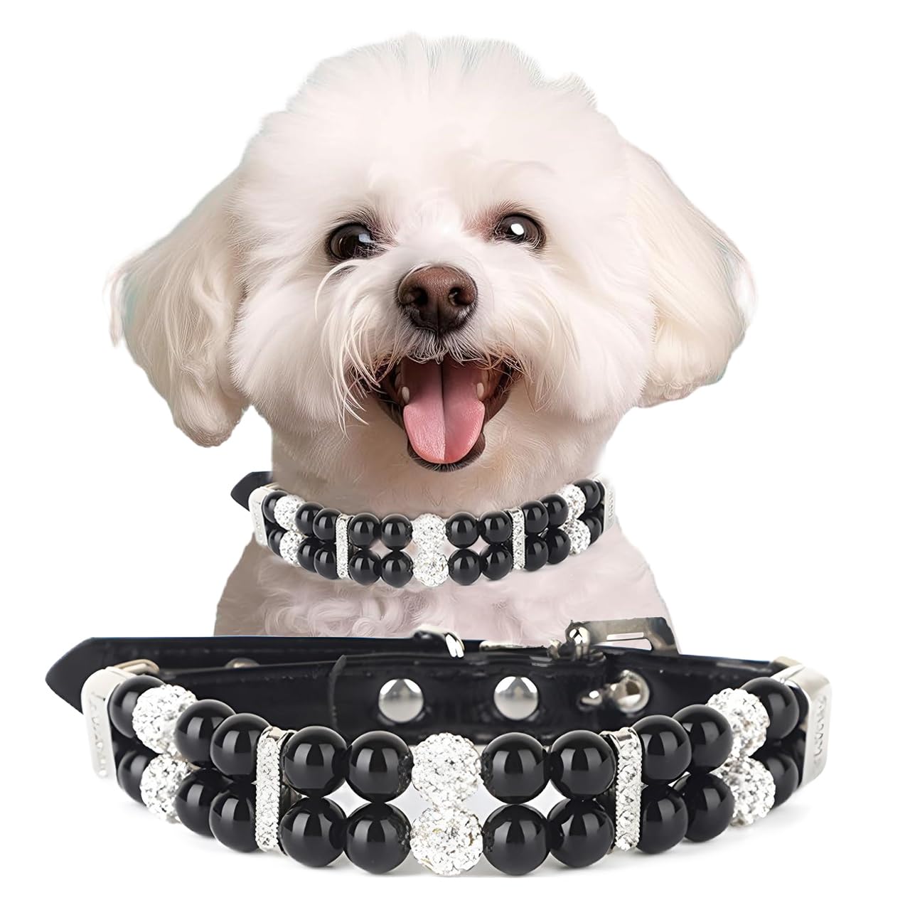 PSPORT Black Pearl dog collar XXSmall closeup showing pearl detailing for chic styling