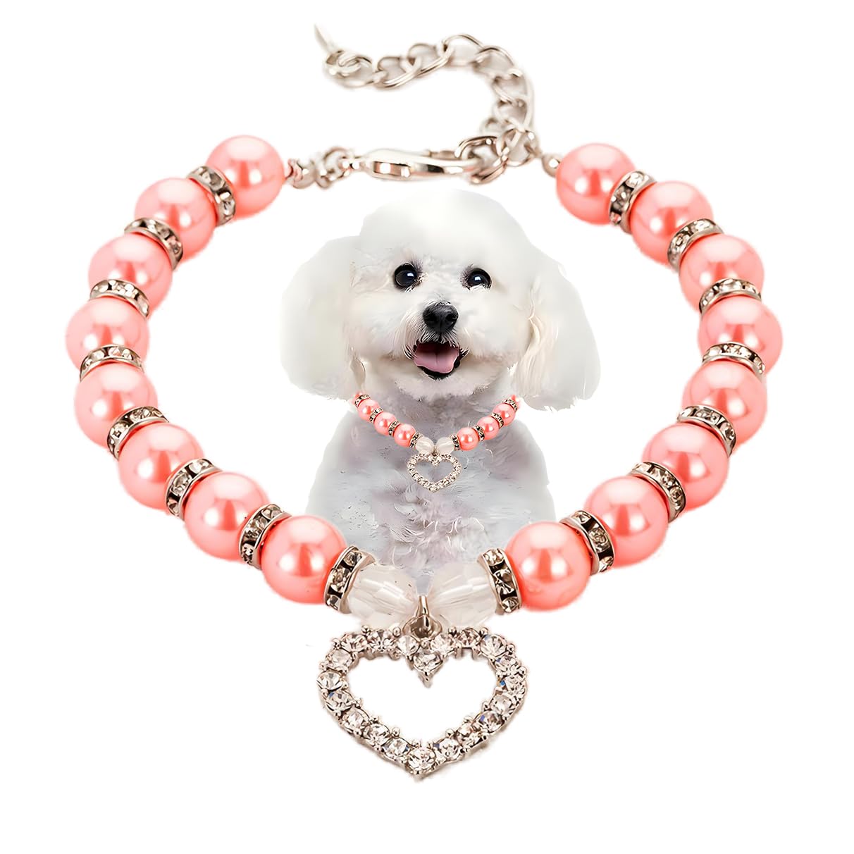 PSPORT pearl necklace with heart pendant on cat model for festive pet flair.