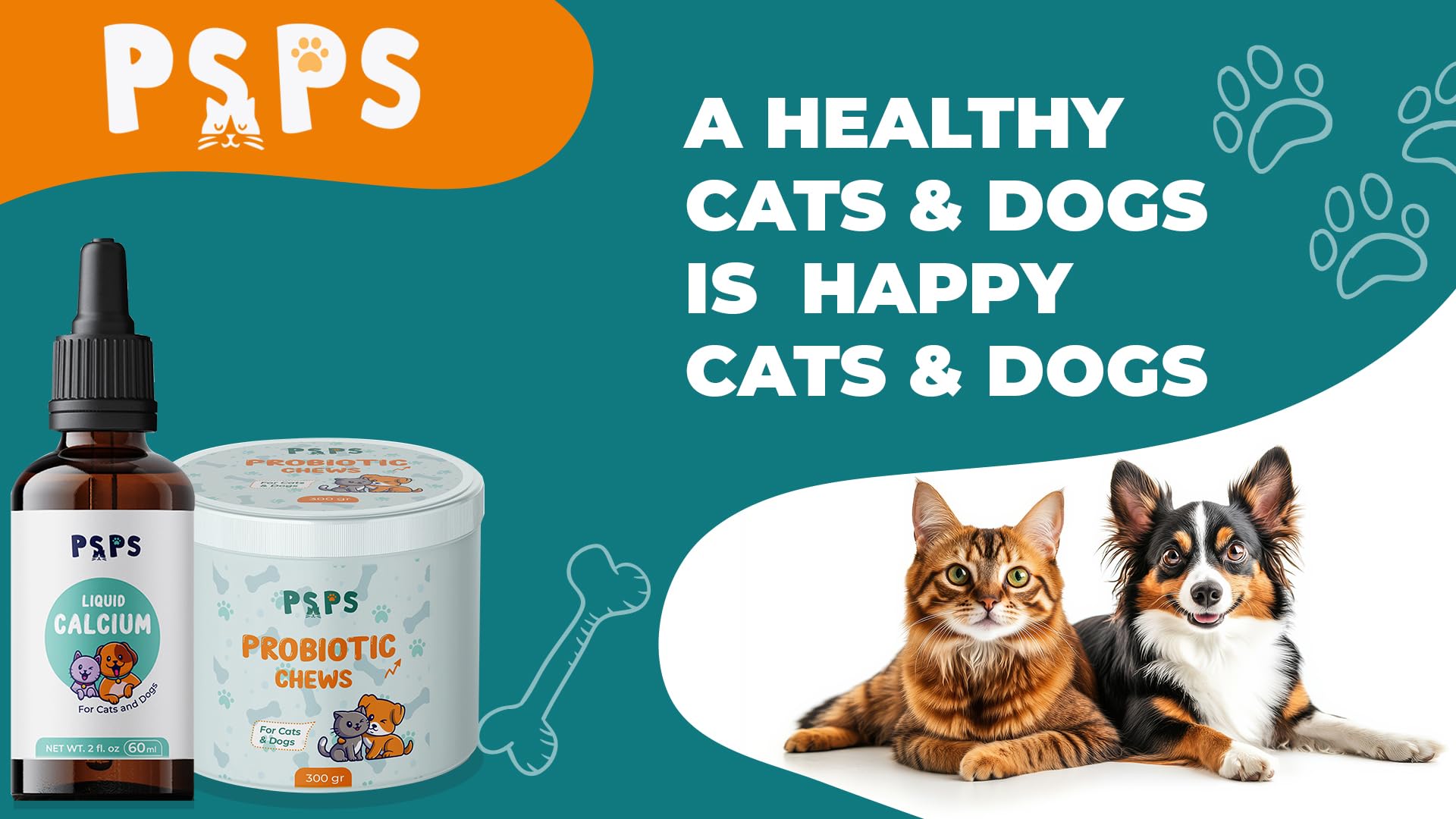 psps calcium liquid serving ideas shown with food mix for pets.