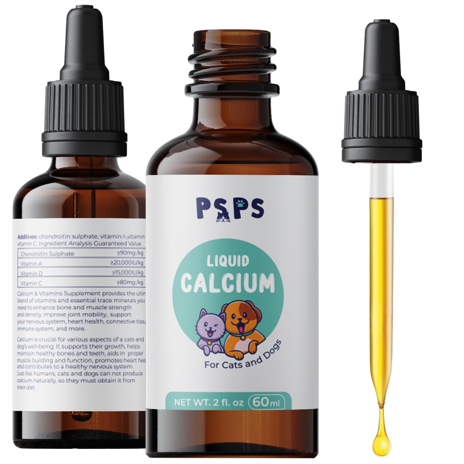 psps calcium liquid vitamin A, C & D label highlights fortified nutrients for pets.