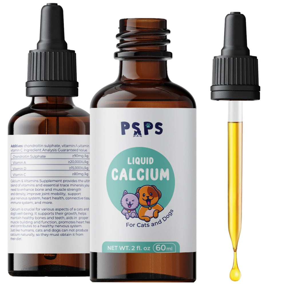 psps calcium liquid vitamin A, C & D label highlights fortified nutrients for pets.