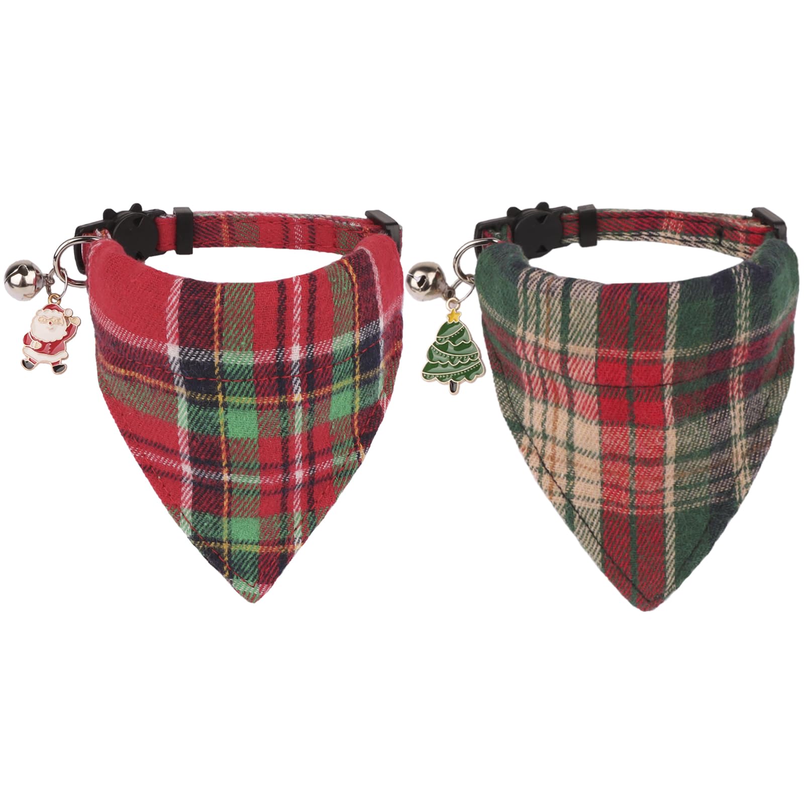 PTDECOR Christmas cat collar with red-green plaid bandana on cat for a festive look