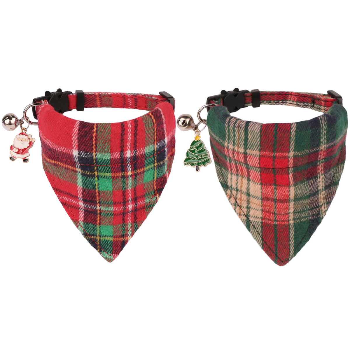PTDECOR Christmas cat collar with red-green plaid bandana on cat for a festive look