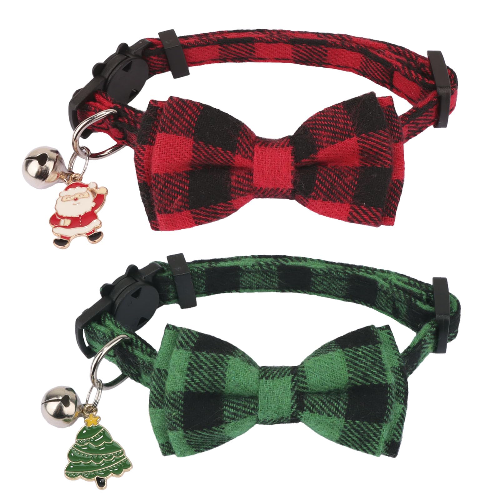 PTDECOR Christmas cat collar with red-green plaid bow ties for festive photo-ready styling.