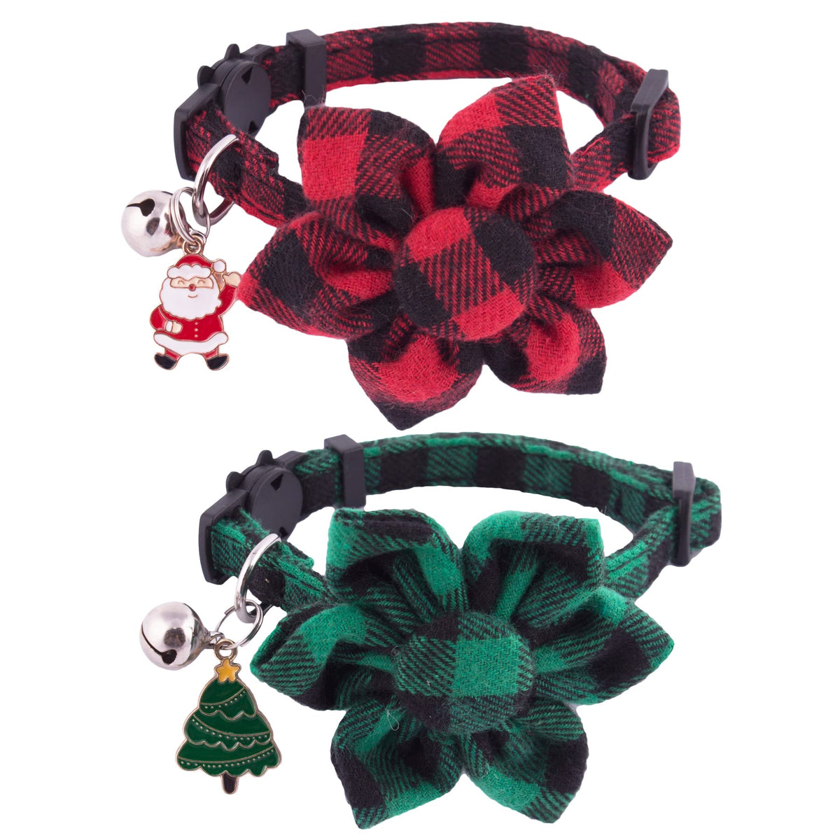 PTDECOR Christmas cat collar red plaid with flower enhances festive style and easy ID