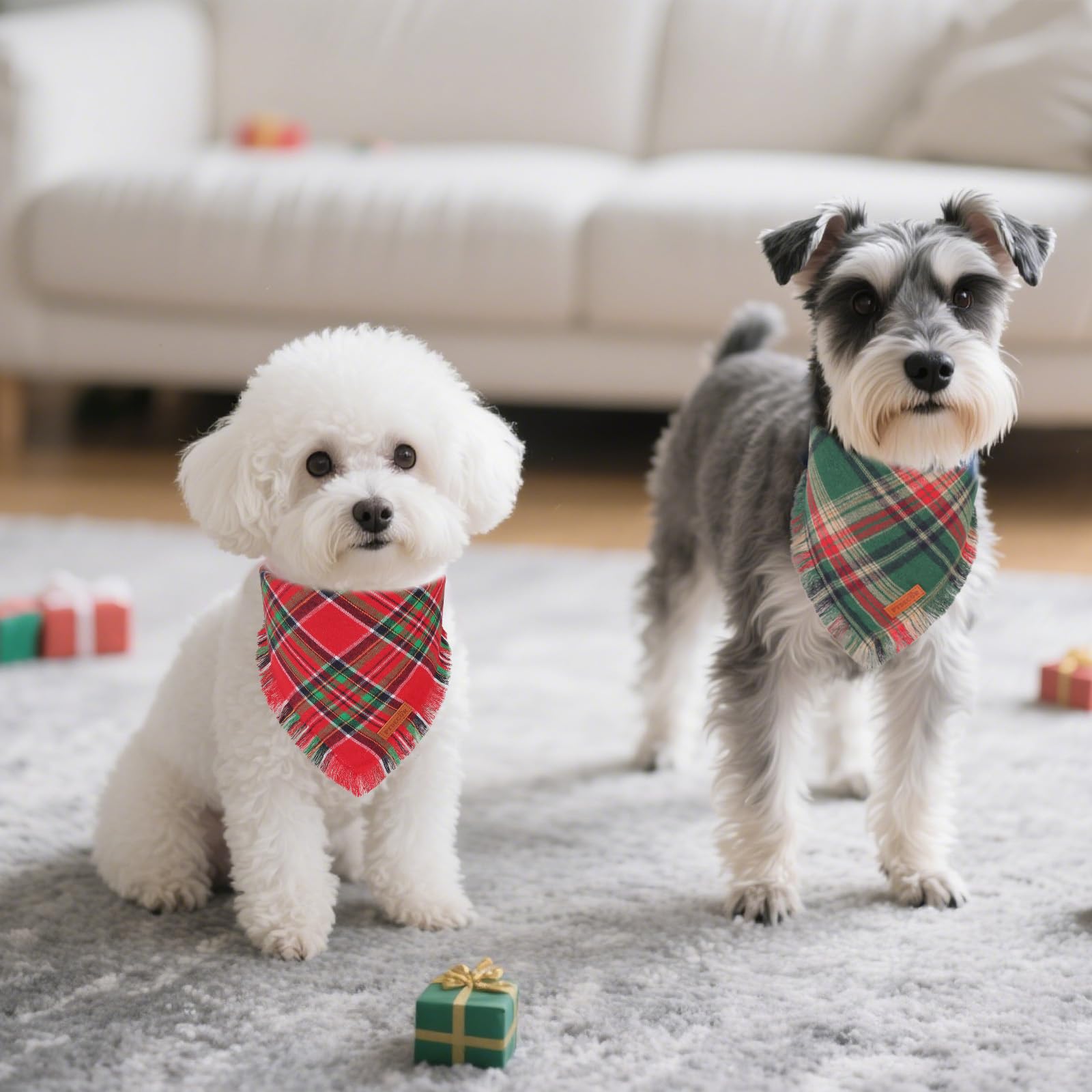 PTDECOR green plaid bandana with tassels offers adorable Christmas style for pets.