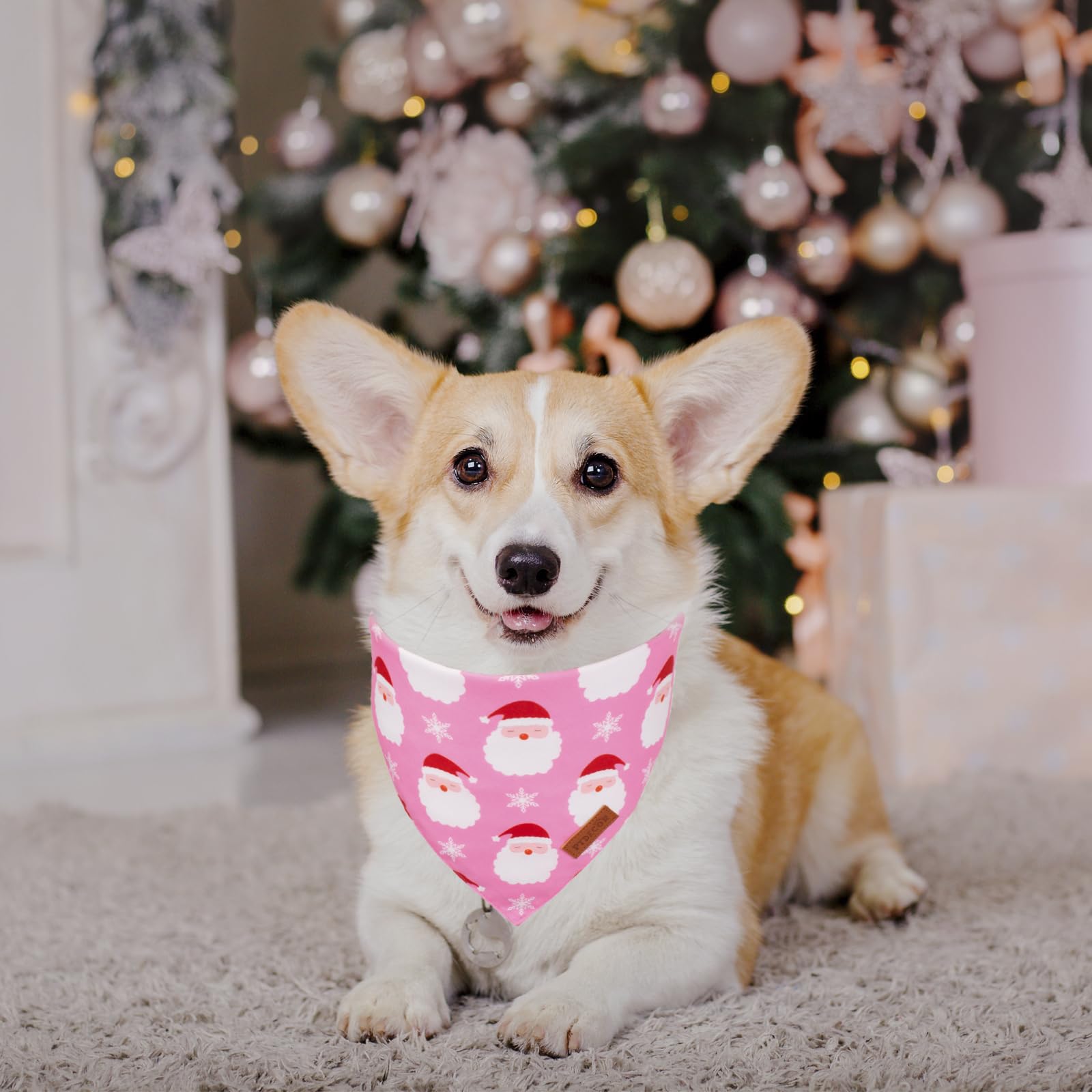 PTDECOR Christmas Dog Bandana pink tree pattern enhances holiday outfits.