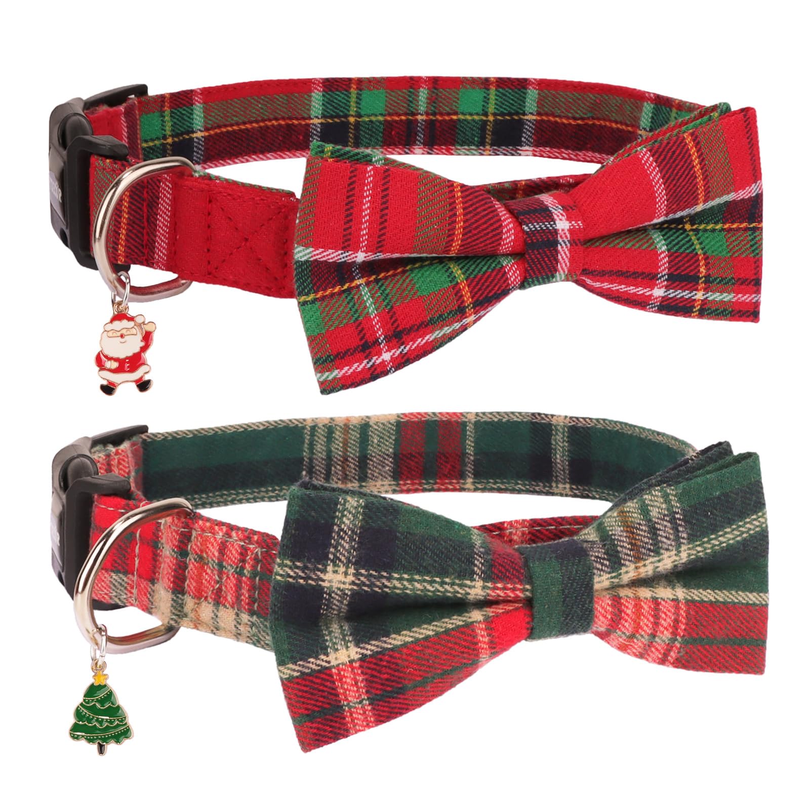 PTDECOR Christmas dog collar with bow in red-green plaid for festive photos.