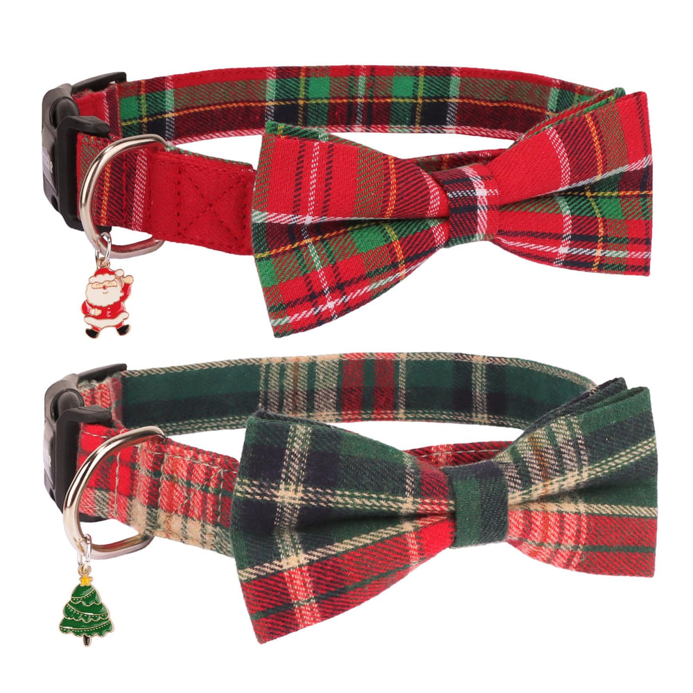 PTDECOR Christmas dog collar with bow in red-green plaid for festive photos.