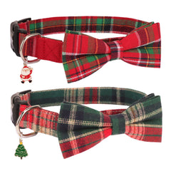 PTDECOR Christmas dog collar with bow in red-green plaid for festive photos.