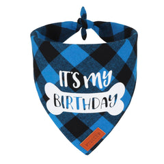 PTDECOR dog birthday scarf blue plaid front view ideal for festive photos