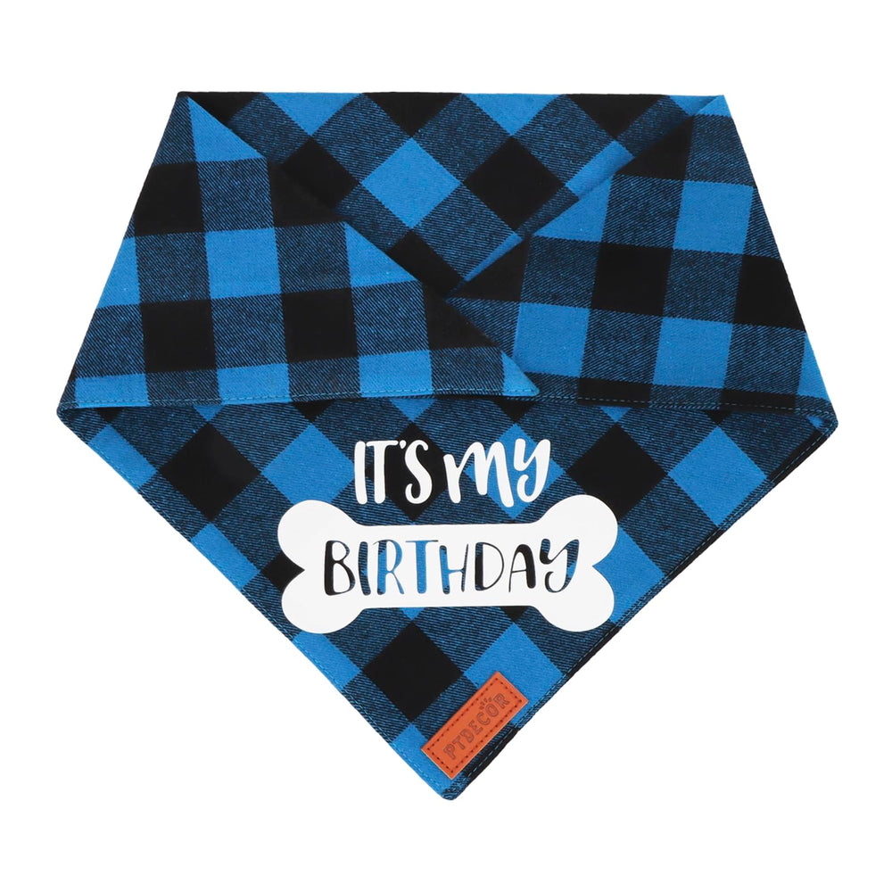 PTDECOR dog birthday scarf blue plaid packaging view indicates gift-ready presentation
