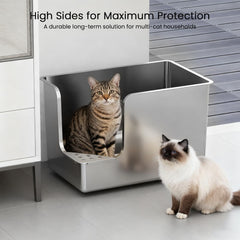 PTFFF stainless steel litter box close-up highlights scratch-resistant, odor-free surface.