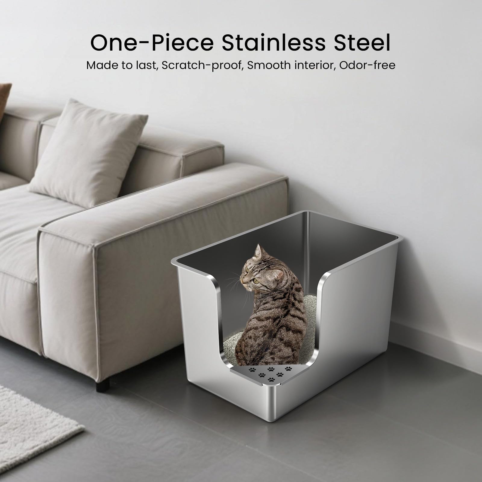 PTFFF stainless steel litter box corner entry emphasizes secure three-sided enclosure.
