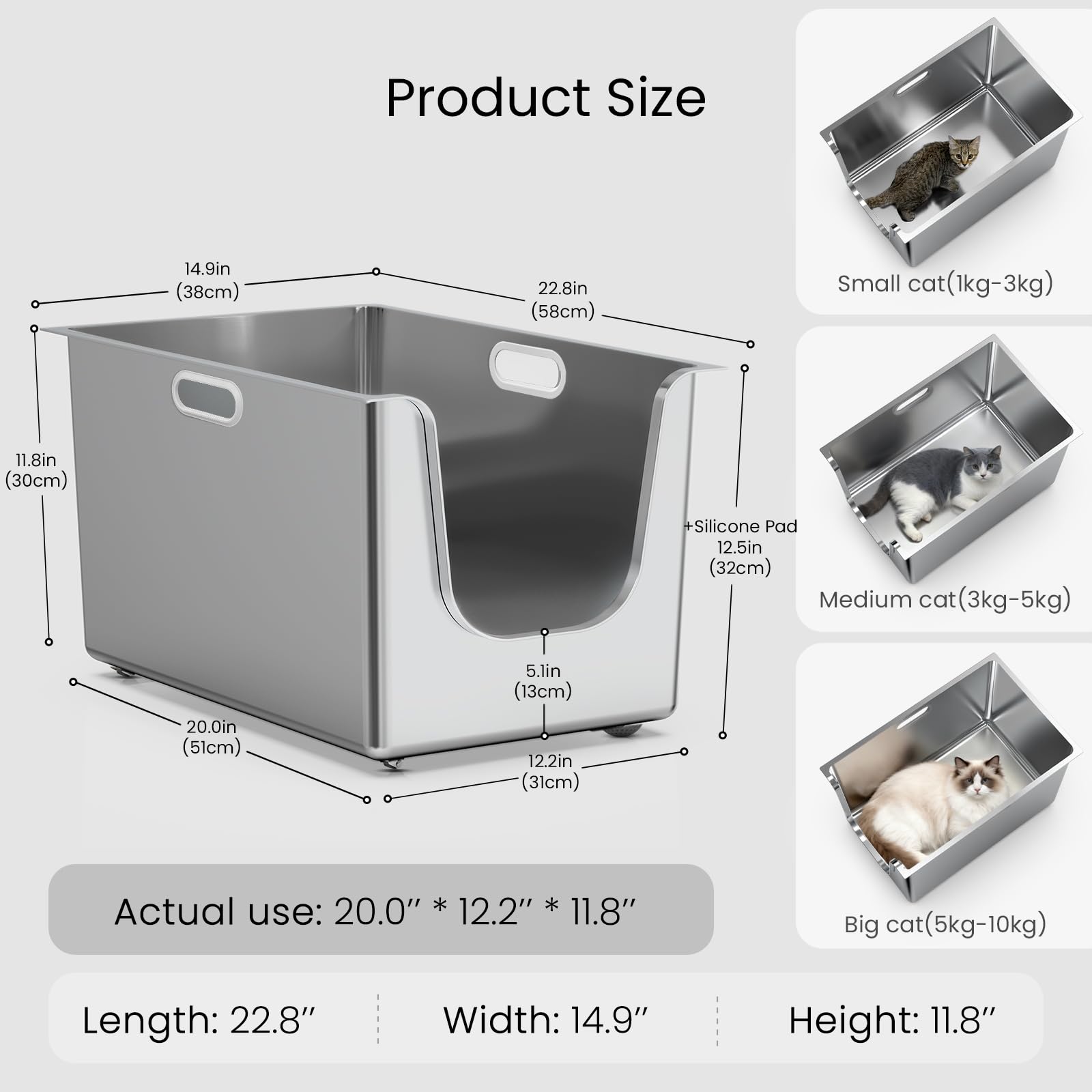 PTFFF high-sides litter box shows 11.8-inch walls to reduce litter kick-out.