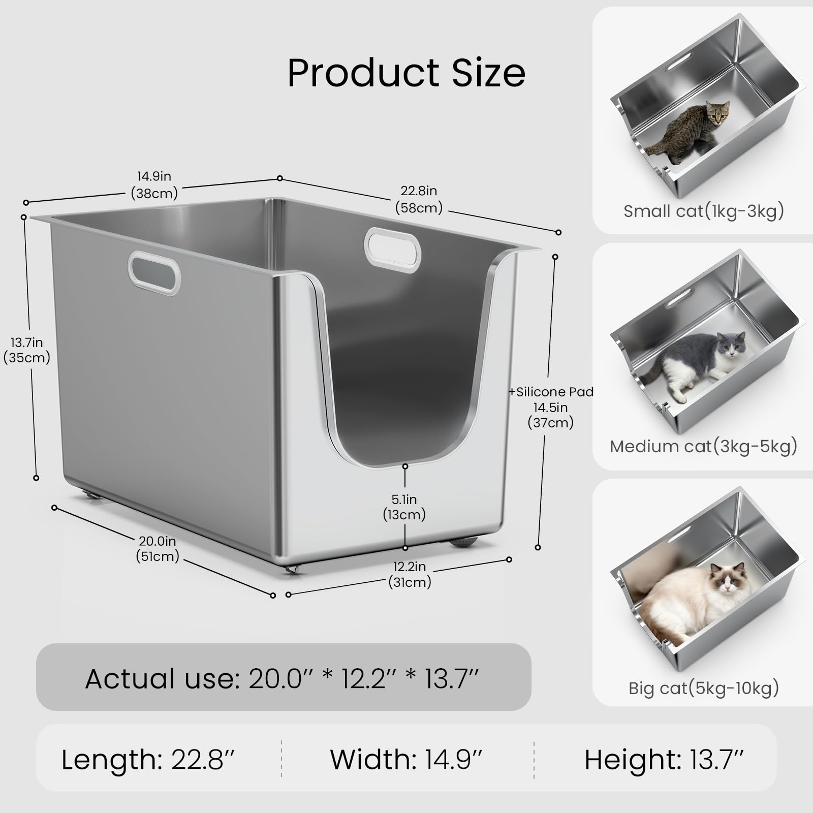 PTFFF XL stainless steel litter box for big cats provides roomy interior.