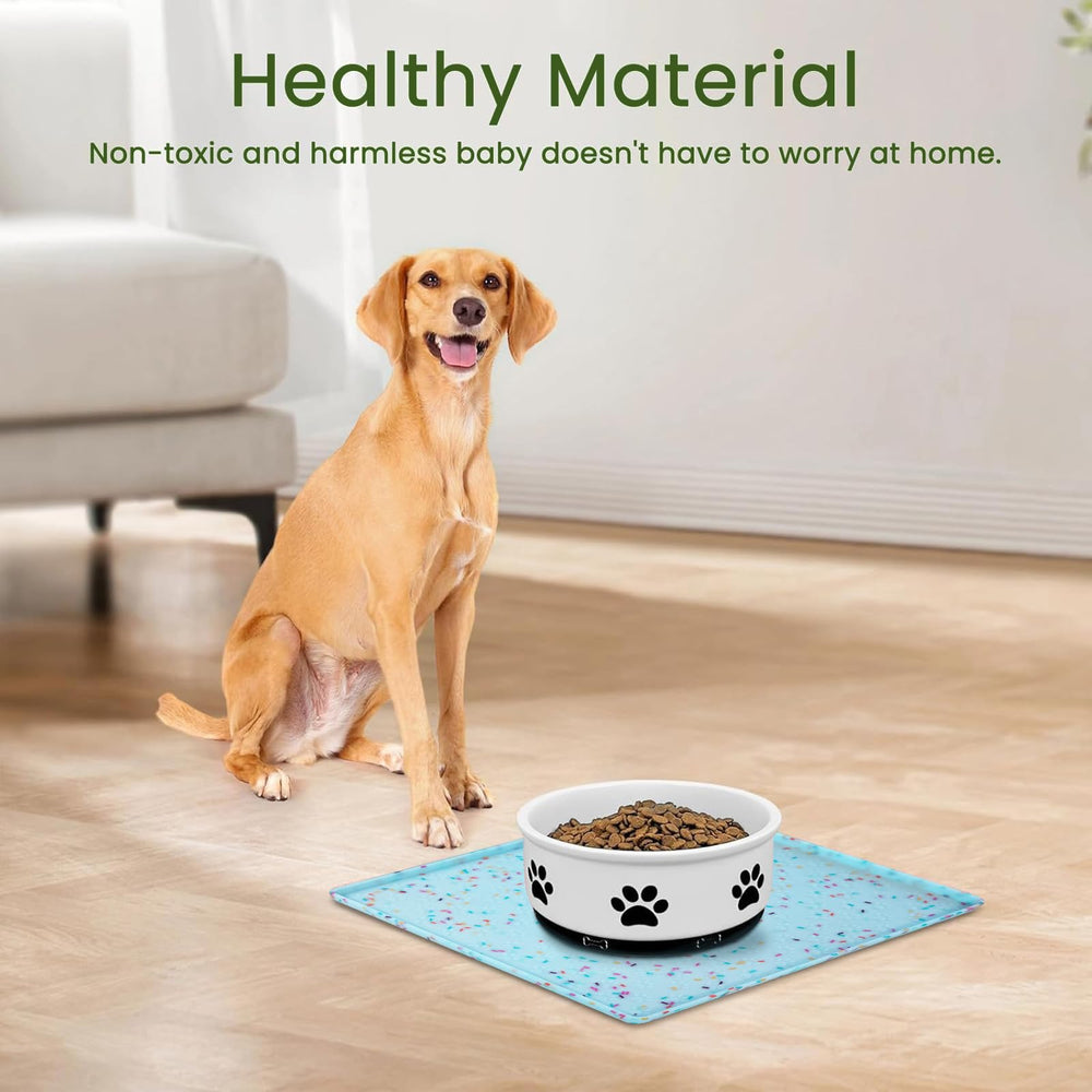 Ptlom silicone placemat holds two bowls for larger pets.