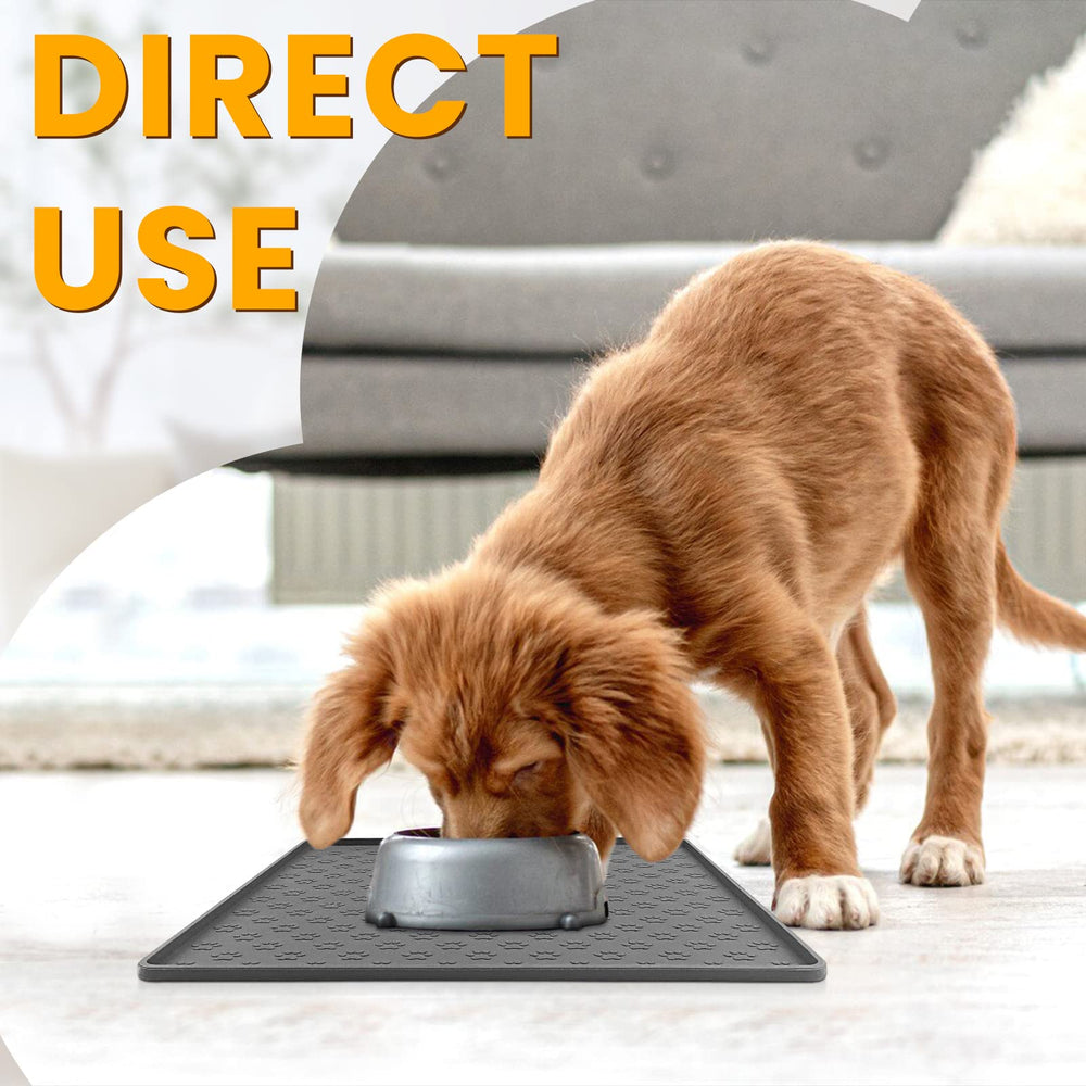 Ptlom Grey Pet Placemat has a non-slip edge to keep bowls in place.