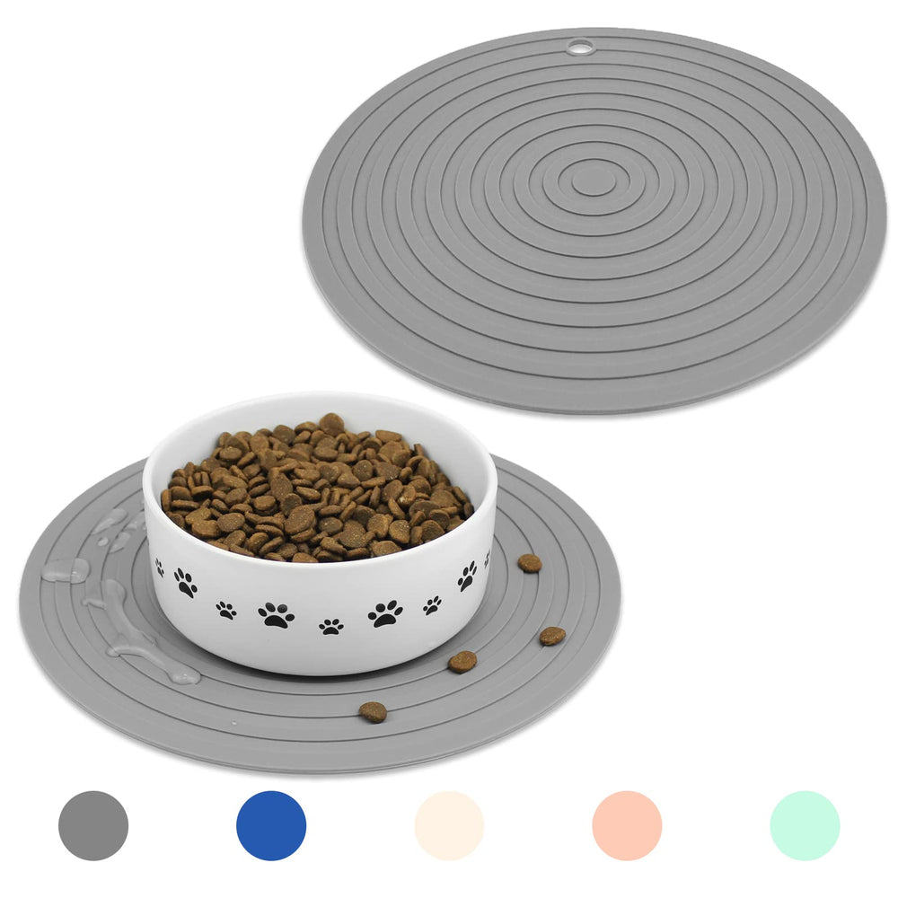 Ptlom pet food mat two-pack gray round edge prevents spills during feeding.