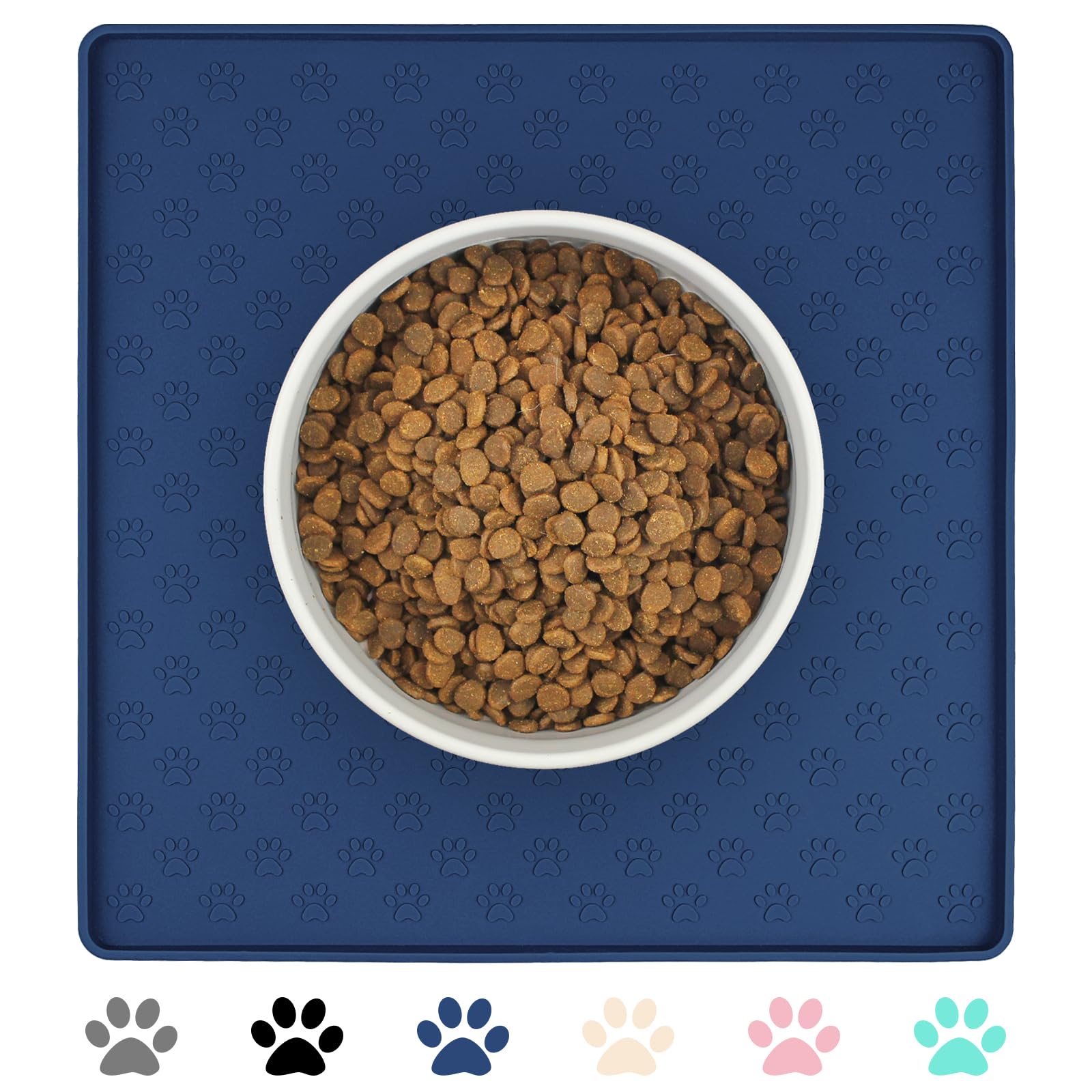 Ptlom Pet Placemat navy blue foldable square protects floors and keeps bowls tidy