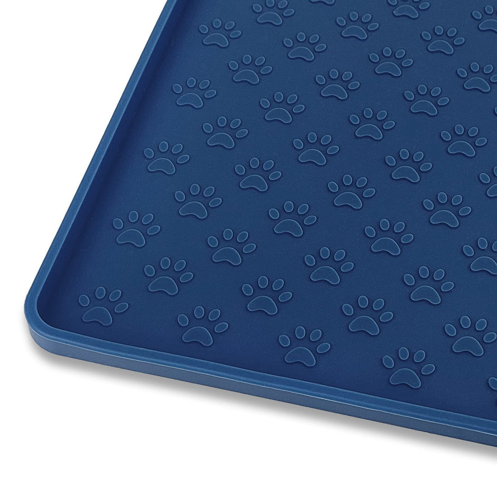 Ptlom silicone pet placemat navy blue angle view helps keep bowls steady and floors clean