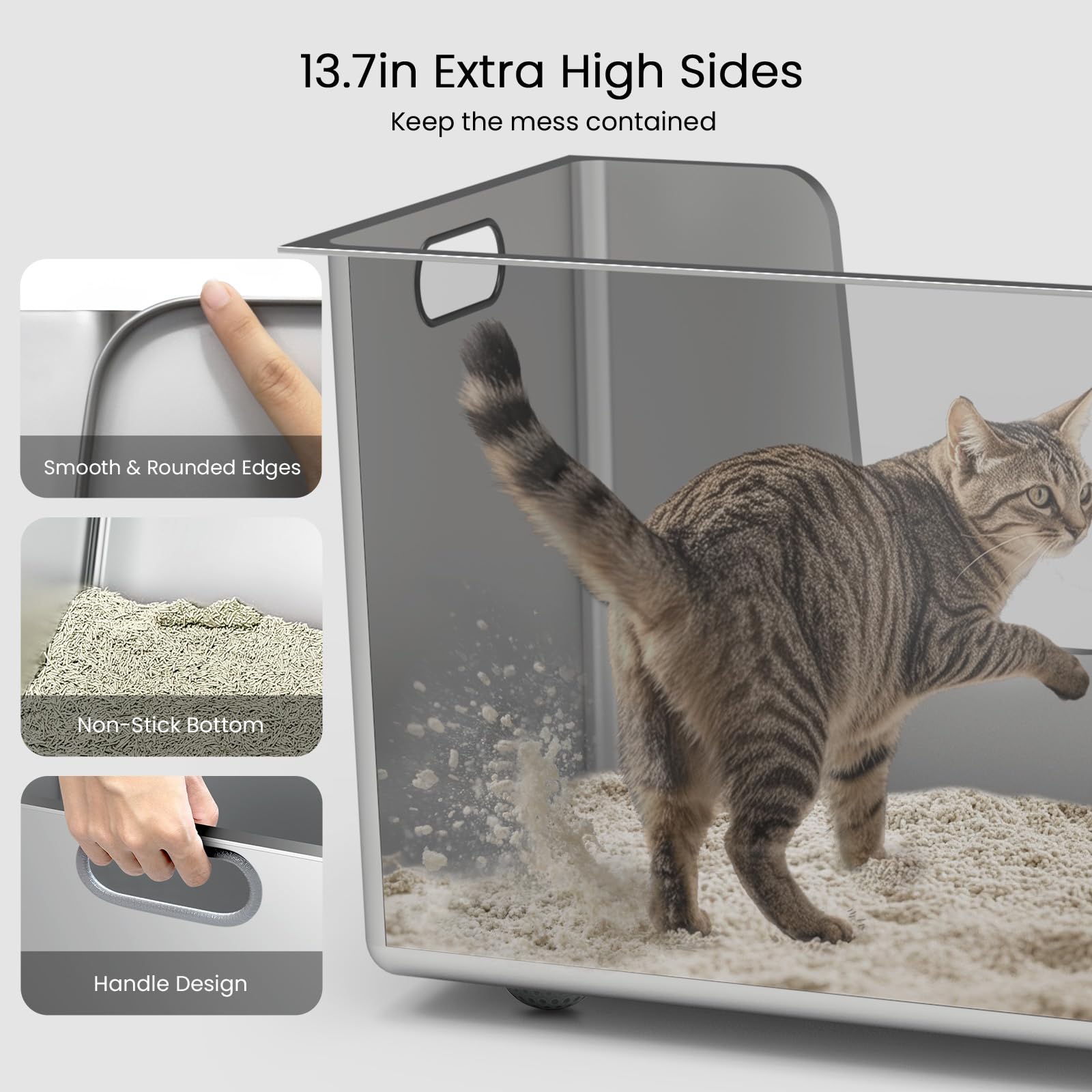 Ptlom seamless stainless steel litter box minimizes leaks and simplifies cleaning.