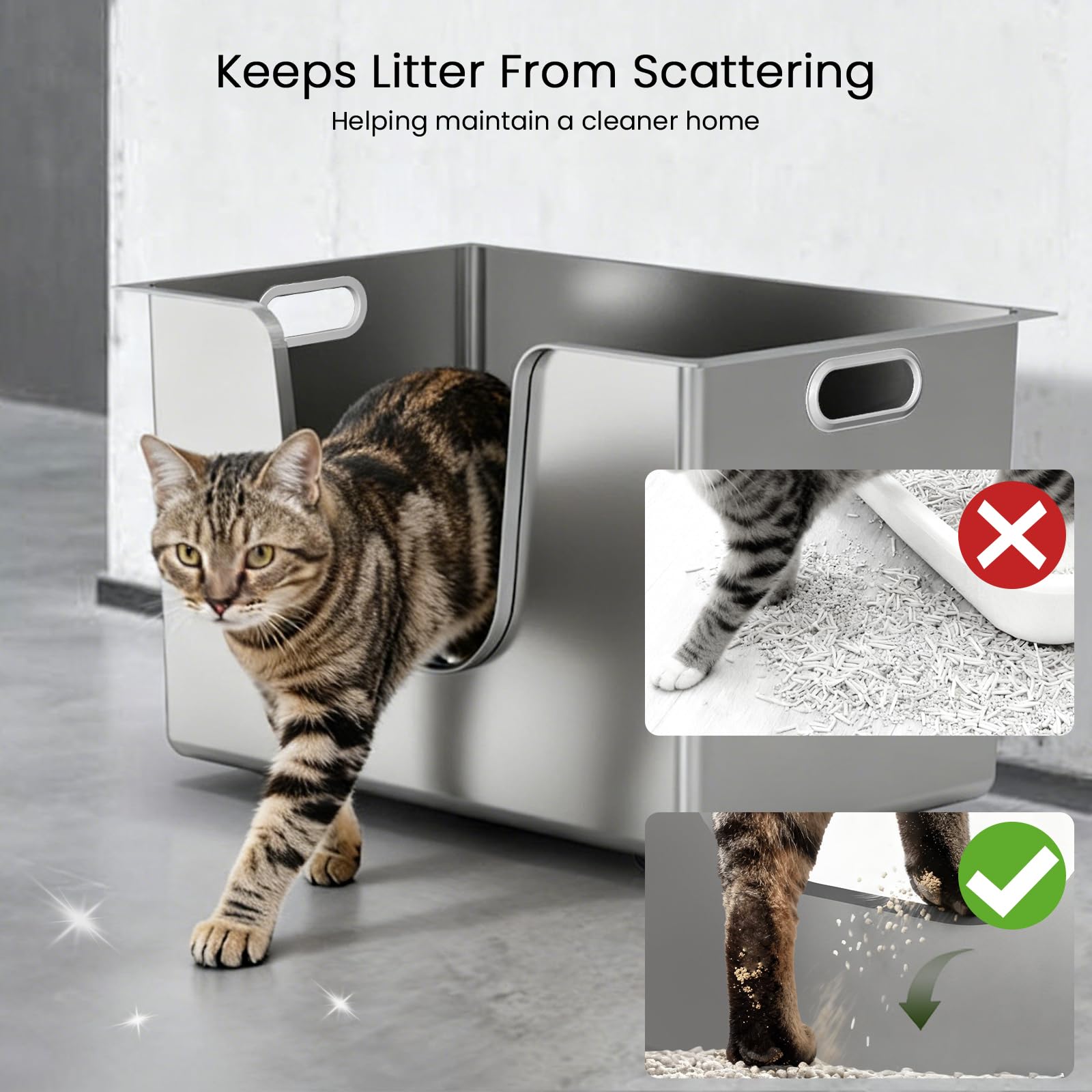 Ptlom stainless steel litter box durable surface resists dents and scratches.