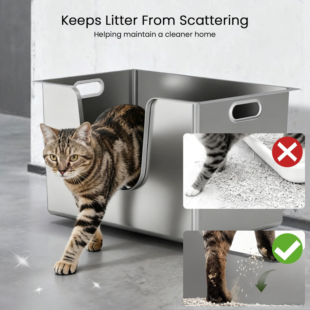 Ptlom stainless steel litter box durable surface resists dents and scratches.