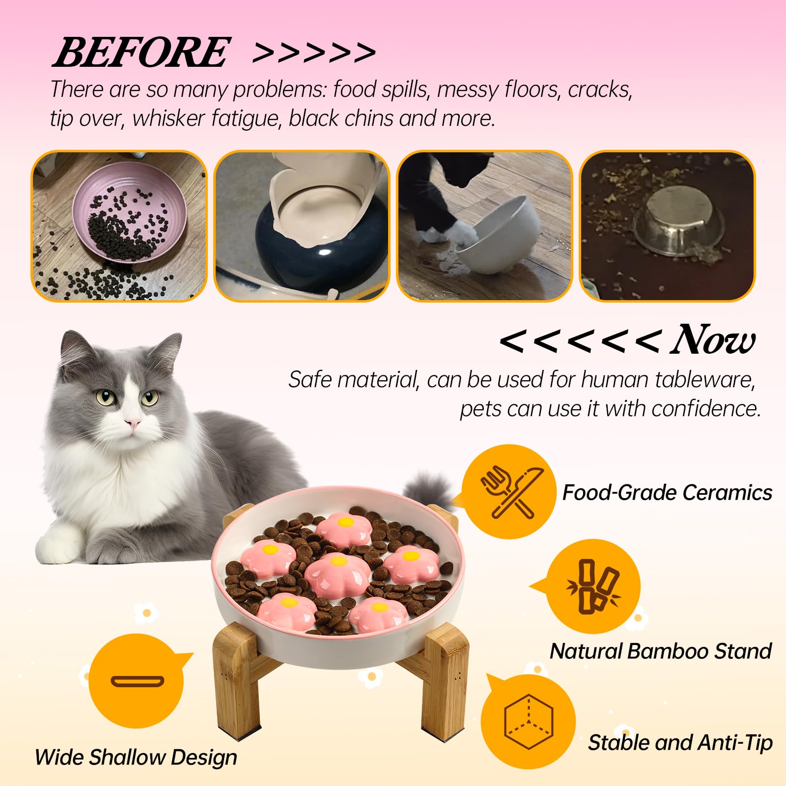 PTOBER bamboo stand with anti-slip feet keeps the bowl steady during meals.