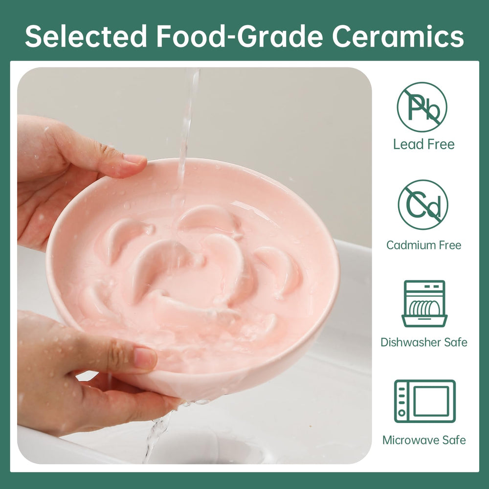 PTOBER ceramic cat slow feeder bowl pastel dishwasher-safe icon highlights easy cleaning.