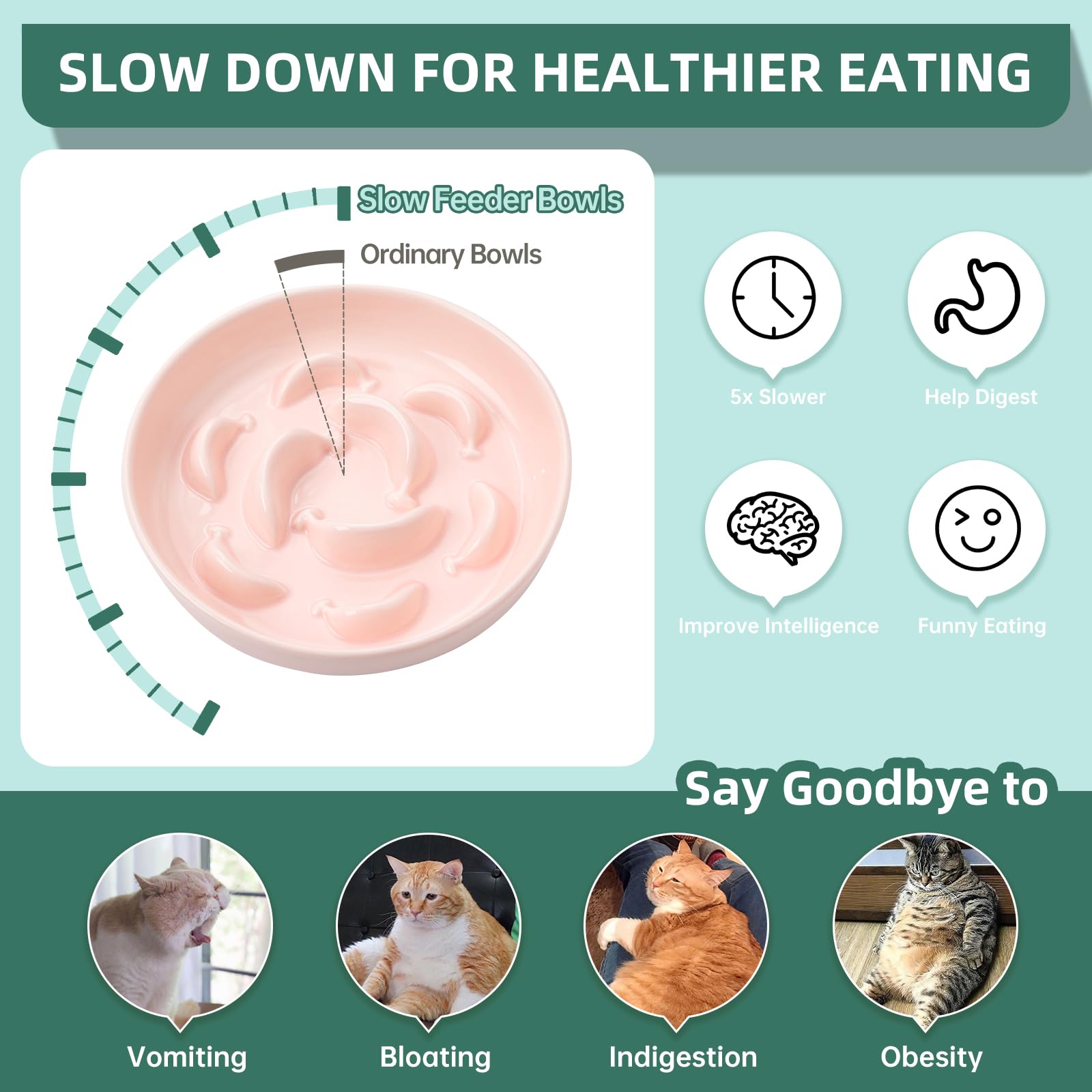 PTOBER ceramic cat slow feeder bowl pastel inside view shows raised maze obstacles.