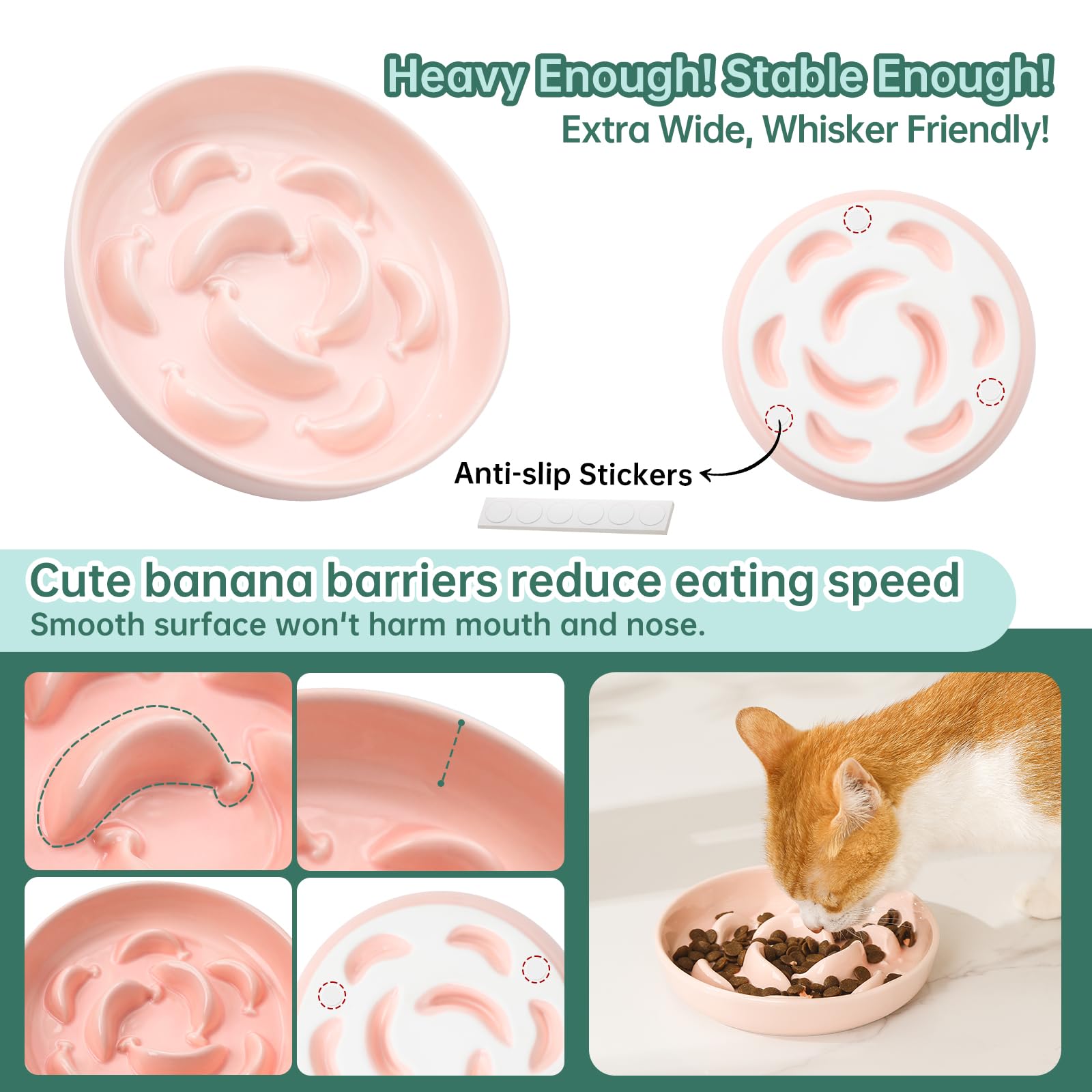 PTOBER ceramic cat slow feeder bowl pastel with cat eating demonstrates slower, calmer meals.
