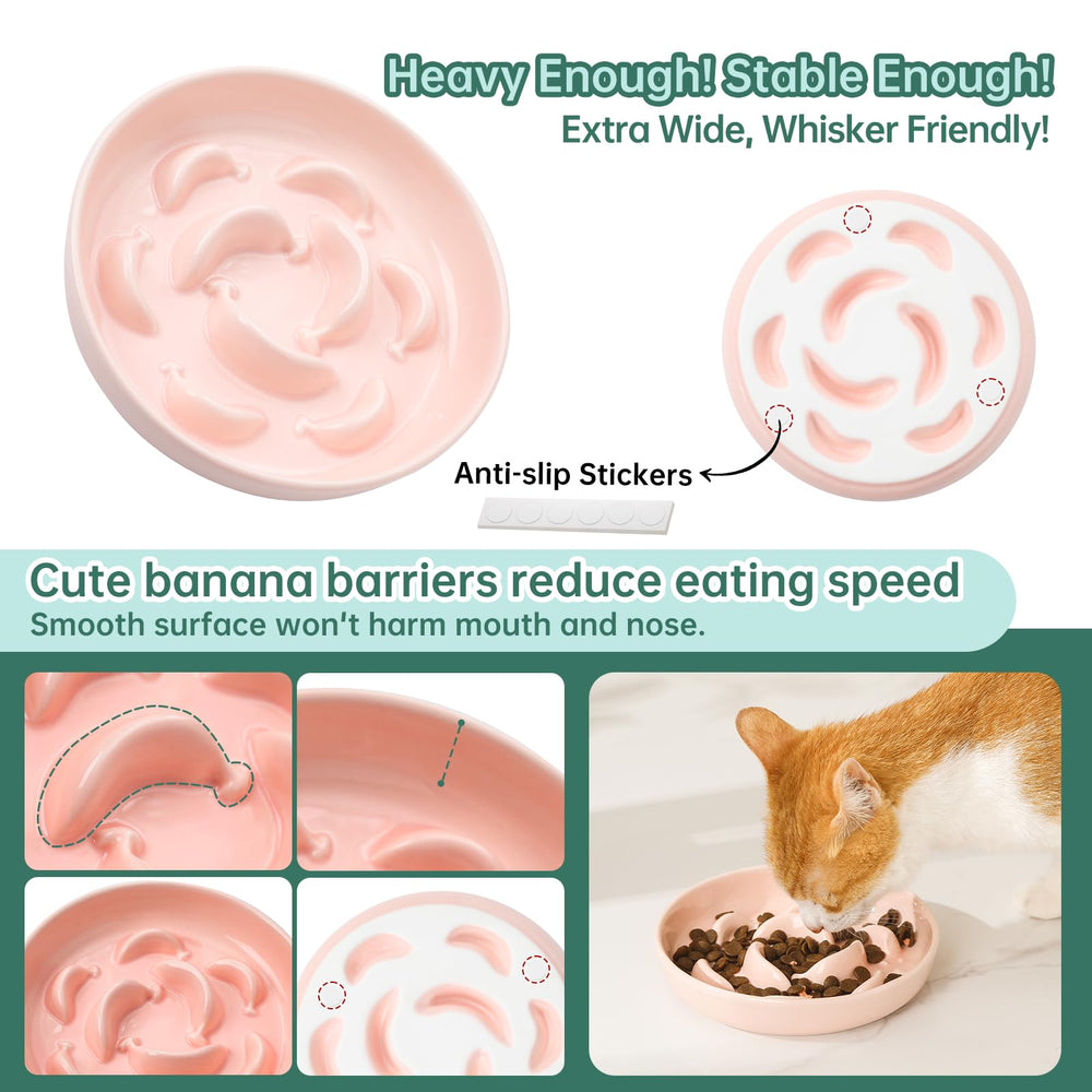 PTOBER ceramic cat slow feeder bowl pastel with cat eating demonstrates slower, calmer meals.