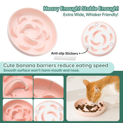PTOBER ceramic cat slow feeder bowl pastel with cat eating demonstrates slower, calmer meals.