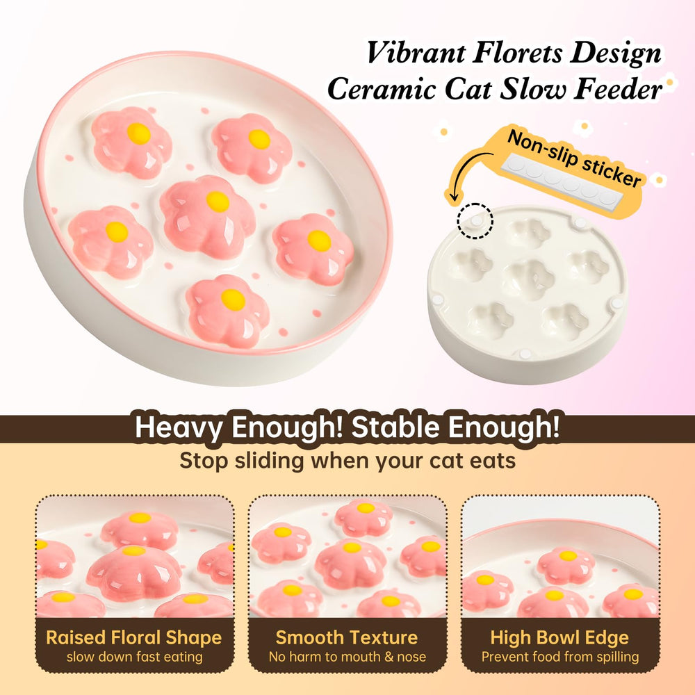 PTOBER ceramic cat slow feeder bowl wide diameter supports whisker-friendly feeding.