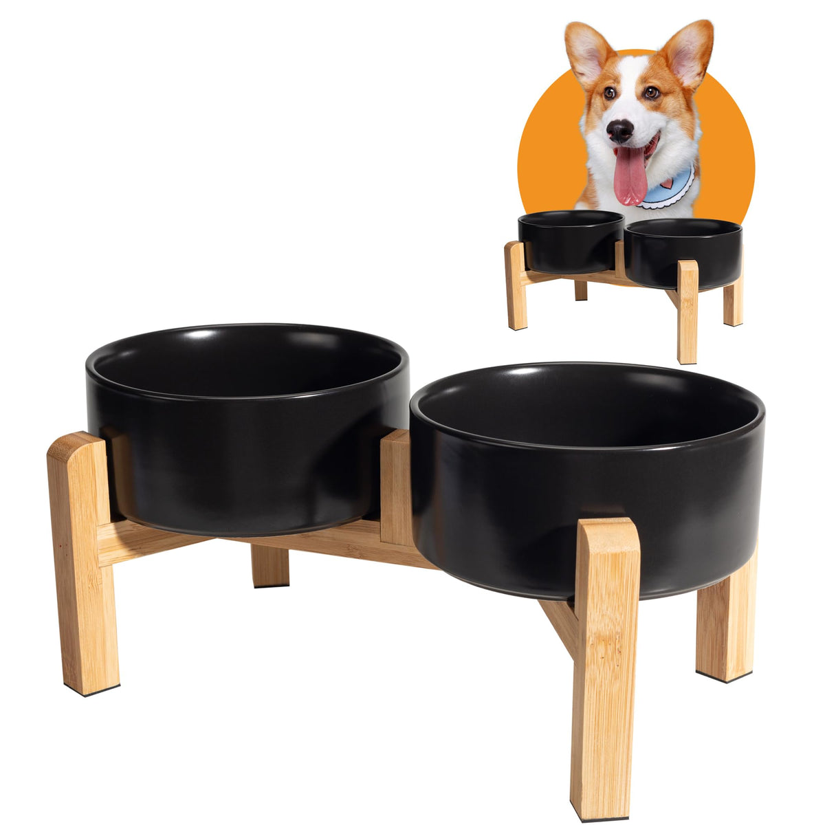 PTOBER elevated ceramic dog bowl set on a bamboo stand for comfortable meals and reduced neck strain.