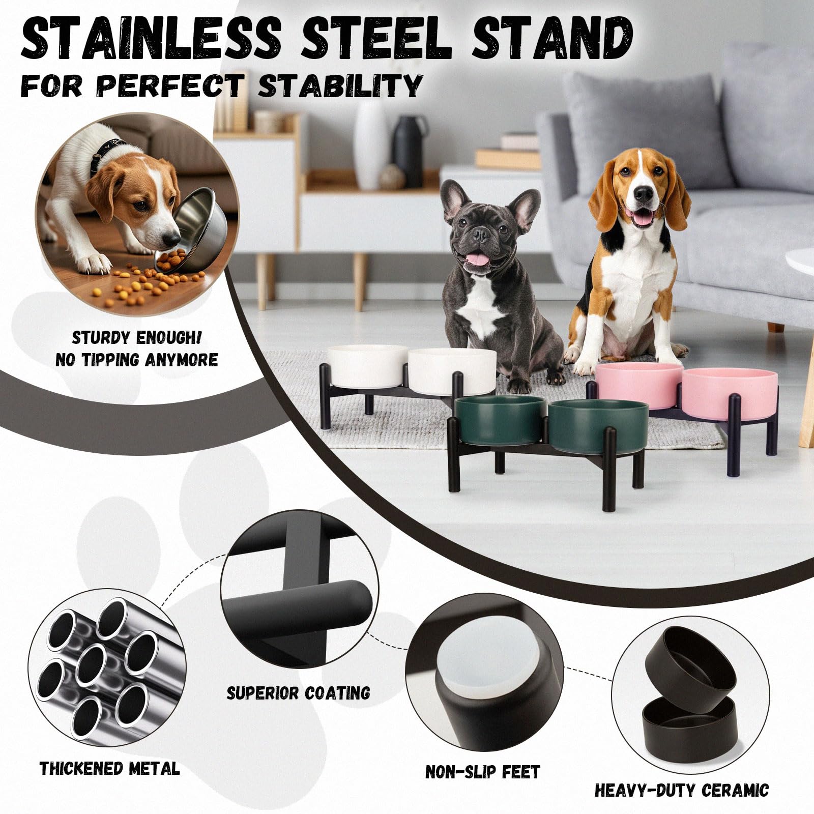 PTOBER elevated dog bowls side shot highlighting sturdy stainless steel stand.