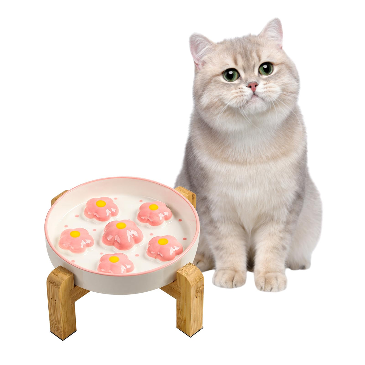 PTOBER elevated slow-feeder bowl with bamboo stand and blush pink flower design supports mindful eating.