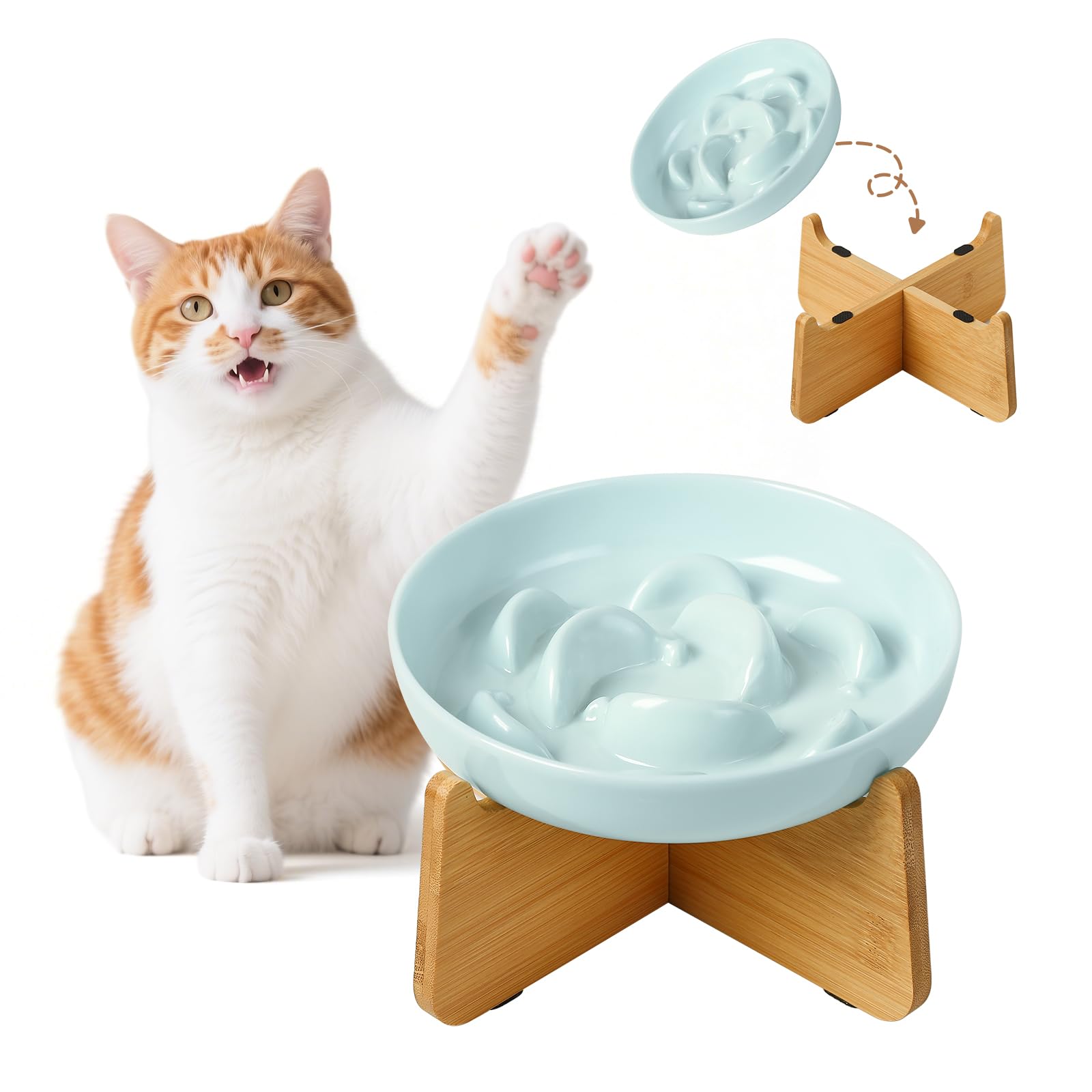 PTOBER elevated slow feeder cat bowl pale blue dish promotes steady eating