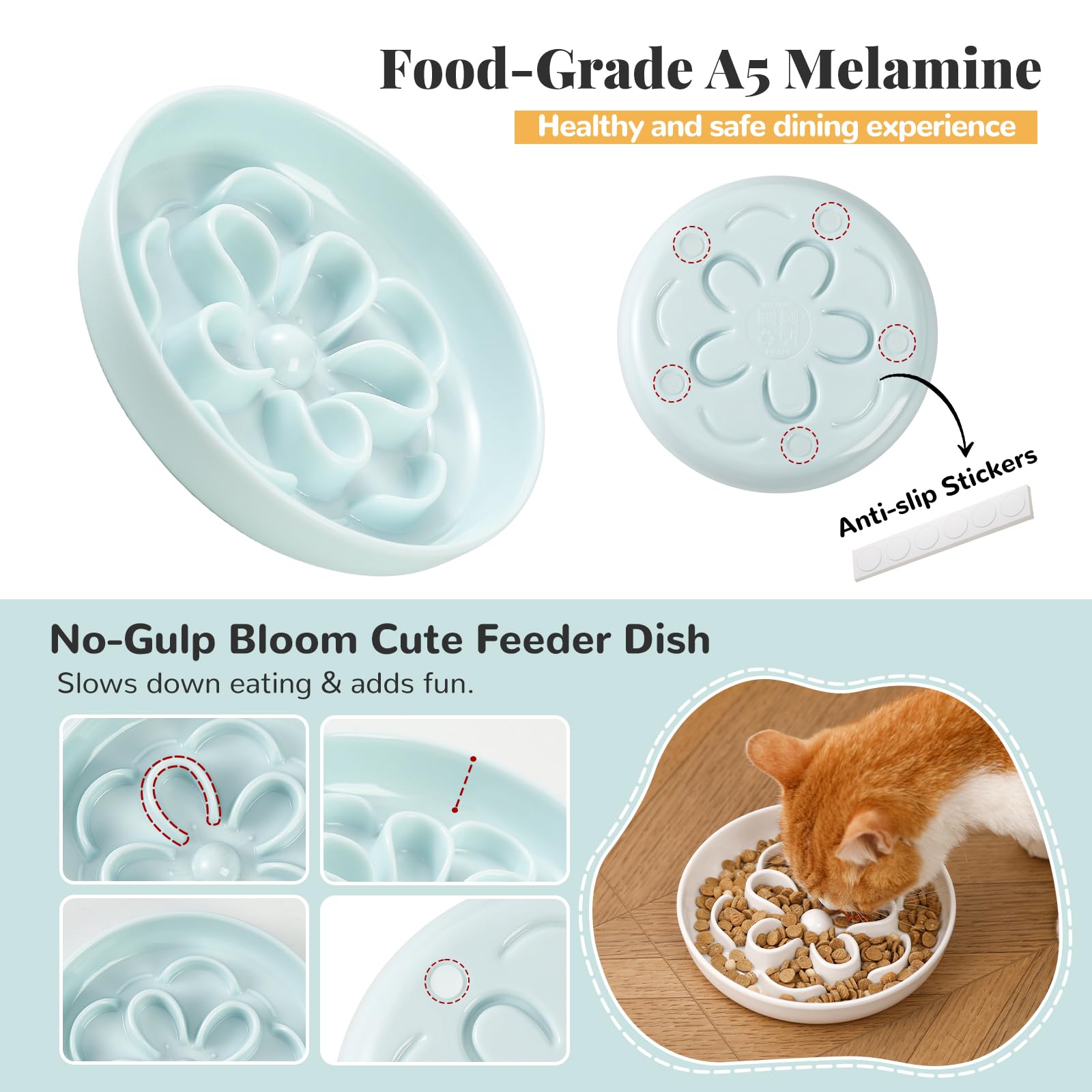PTOBER melamine bowl close-up shows smooth non-toxic surface for pet comfort.
