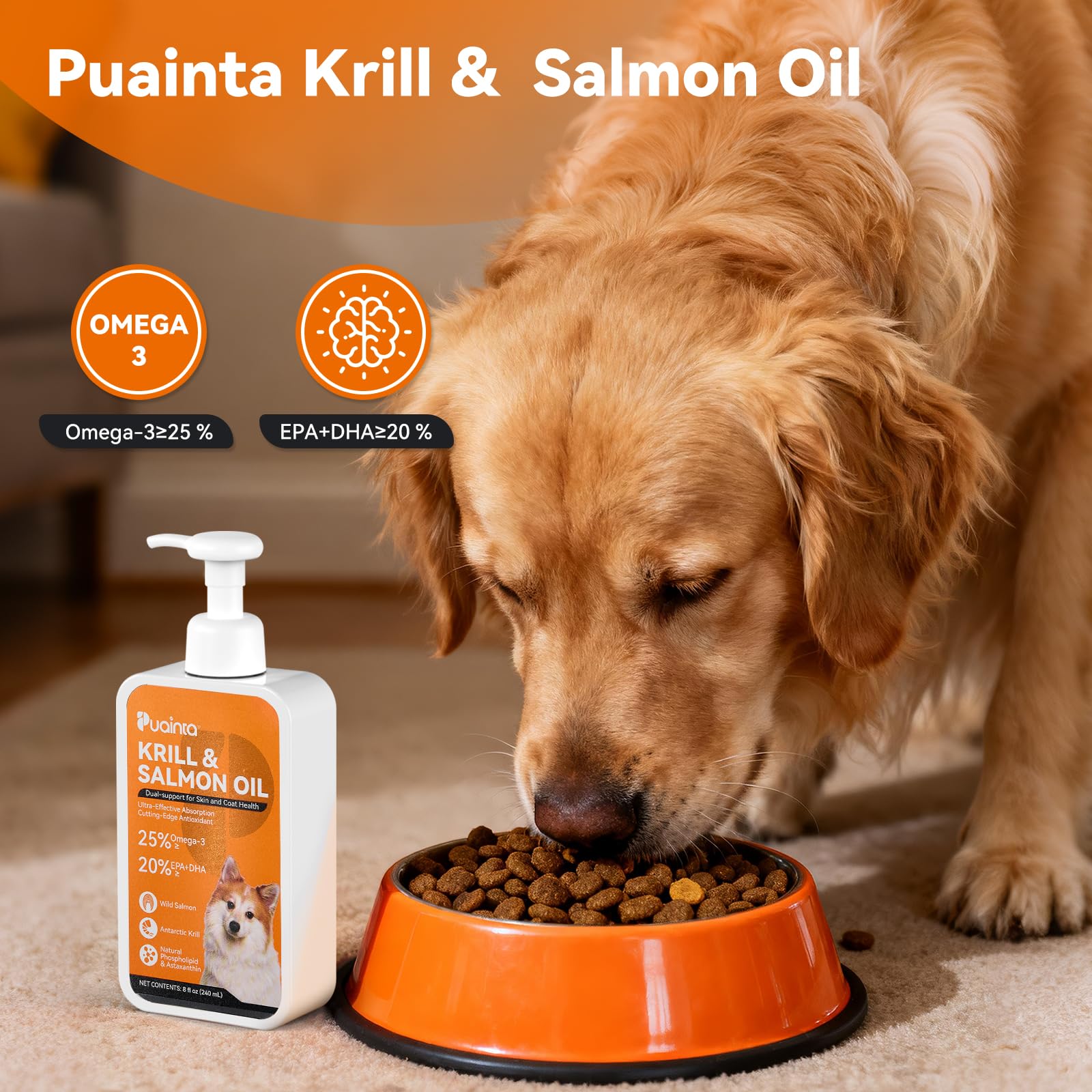 PUAINTA krill-salmon-oil-pour shows easy daily dosing onto meals.
