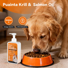 PUAINTA krill-salmon-oil-pour shows easy daily dosing onto meals.