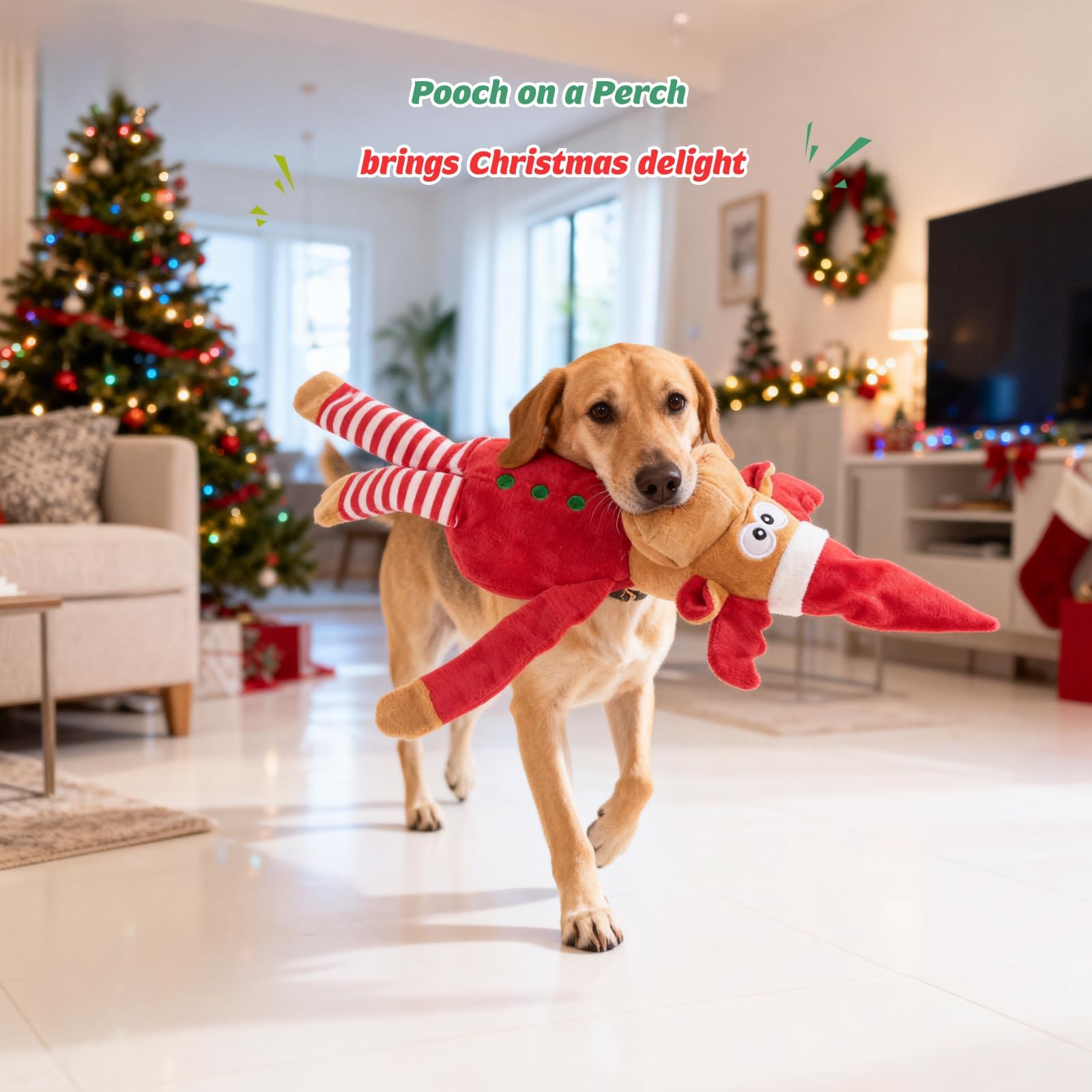 Pubialo Christmas dog toy reindeer on perch design for cozy festive companionship.