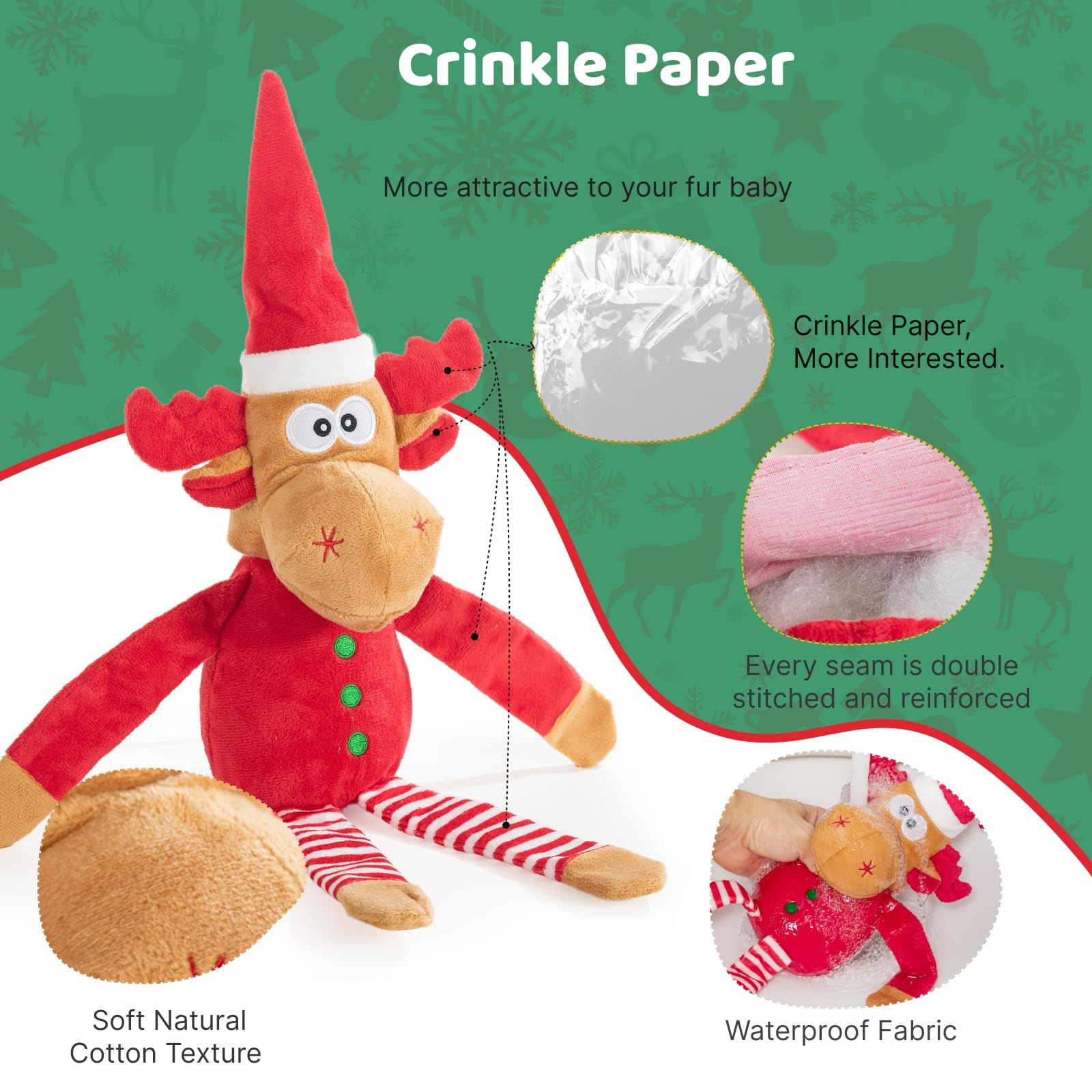 Pubialo Christmas reindeer closeup featuring Santa hat for festive playtime.