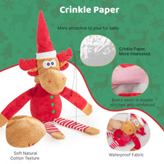 Pubialo Christmas reindeer closeup featuring Santa hat for festive playtime.