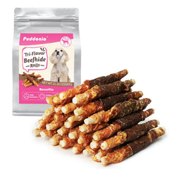 Puddonio triple-flavor rawhide stick close-up; long-lasting chew for small dogs.